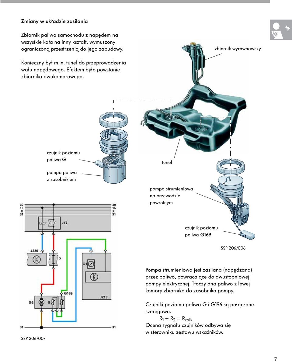 czujnik poziomu paliwa G tunel pompa paliwa zzasobnikiem pompa strumieniowa na przewodzie powrotnym czujnik poziomu paliwa G169 SSP 206/006 Pompa strumieniowa jest zasilana (napędzana)