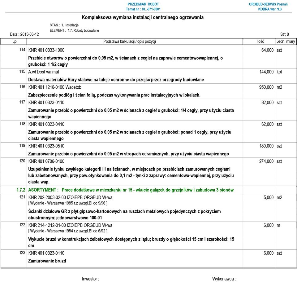 A.wł Dost wa mat 144,000 kpl Dostawa materiałów Rury stalowe na tuleje ochronne do przejść przez przegrody budowlane 116 KNR 401 1216-0100 Wacetob 950,000 m2 Zabezpieczenie podłóg i ścian folią,