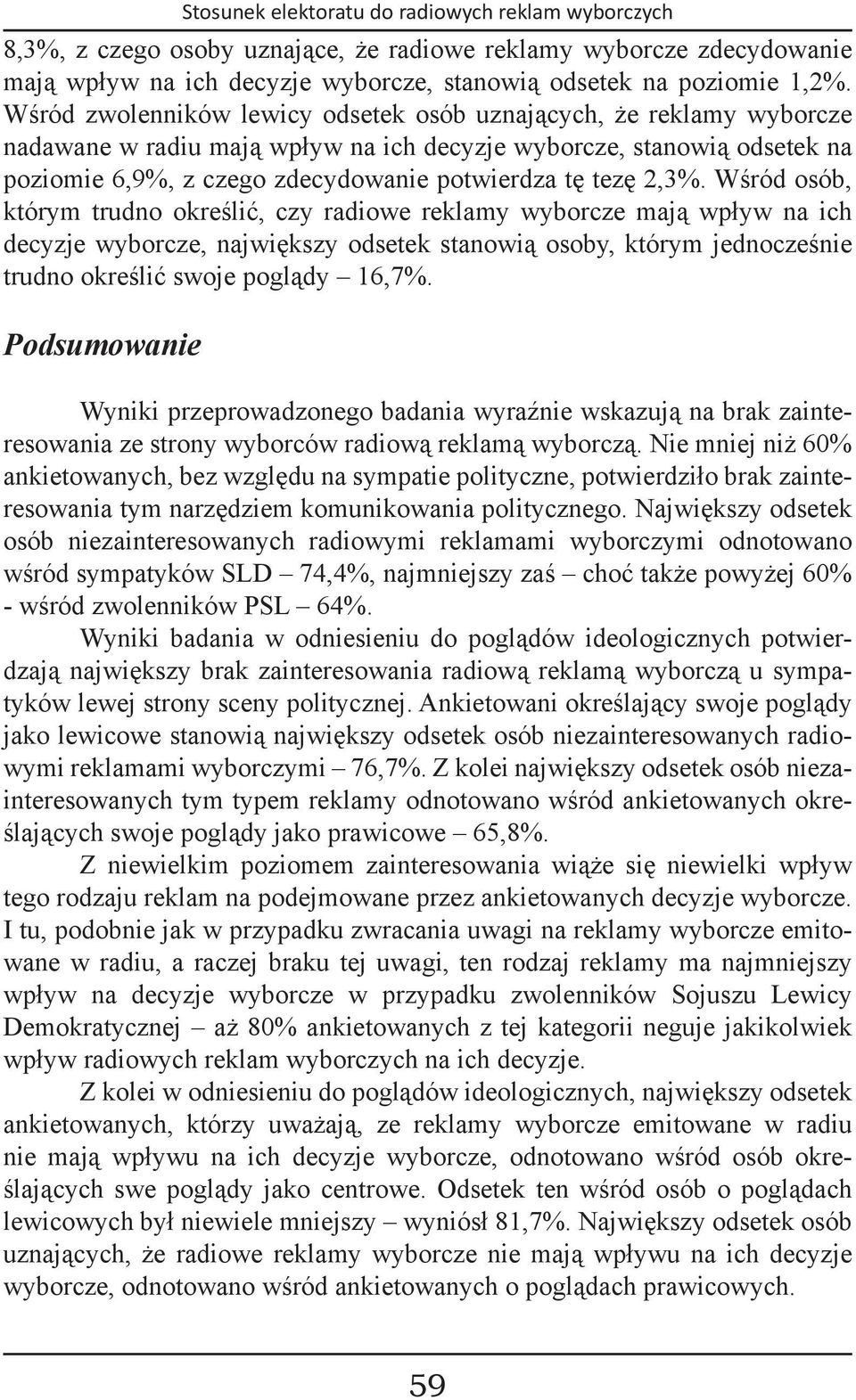 2,3%. Wśród osób, którym trudno określić, czy radiowe reklamy wyborcze mają wpływ na ich decyzje wyborcze, największy odsetek stanowią osoby, którym jednocześnie trudno określić swoje poglądy 16,7%.