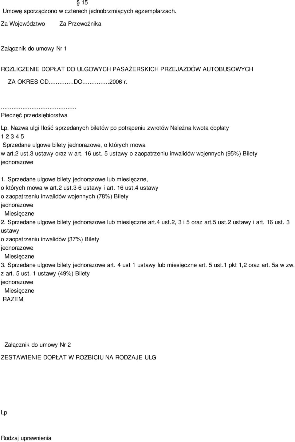 3 ustawy oraz w art. 16 ust. 5 ustawy o zaopatrzeniu inwalidów wojennych (95%) Bilety jednorazowe 1. Sprzedane ulgowe bilety jednorazowe lub miesięczne, o których mowa w art.2 ust.3-6 ustawy i art.