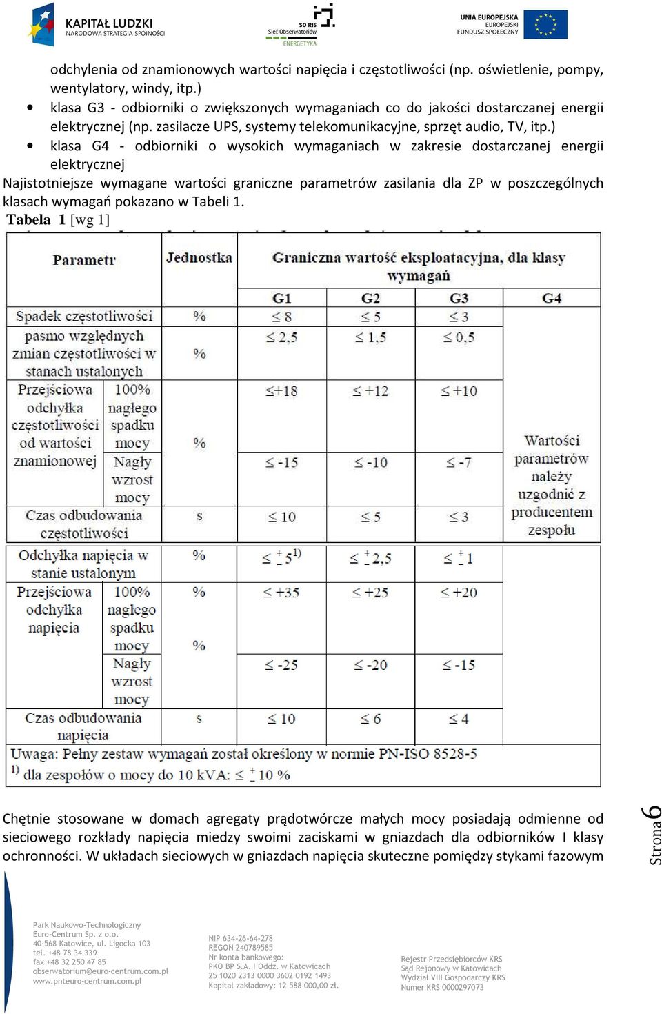 ) klasa G4 - odbiorniki o wysokich wymaganiach w zakresie dostarczanej energii elektrycznej Najistotniejsze wymagane wartości graniczne parametrów zasilania dla ZP w poszczególnych klasach