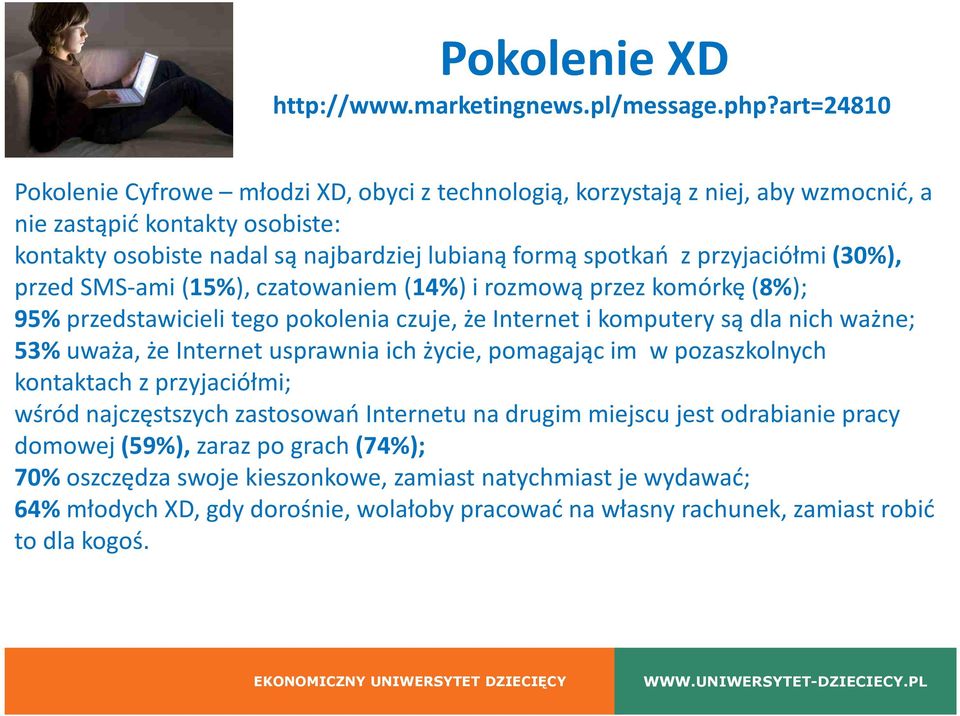 przyjaciółmi (30%), przed SMS-ami (15%), czatowaniem (14%) i rozmową przez komórkę (8%); 95% przedstawicieli tego pokolenia czuje, że Internet i komputery są dla nich ważne; 53%uważa, że Internet