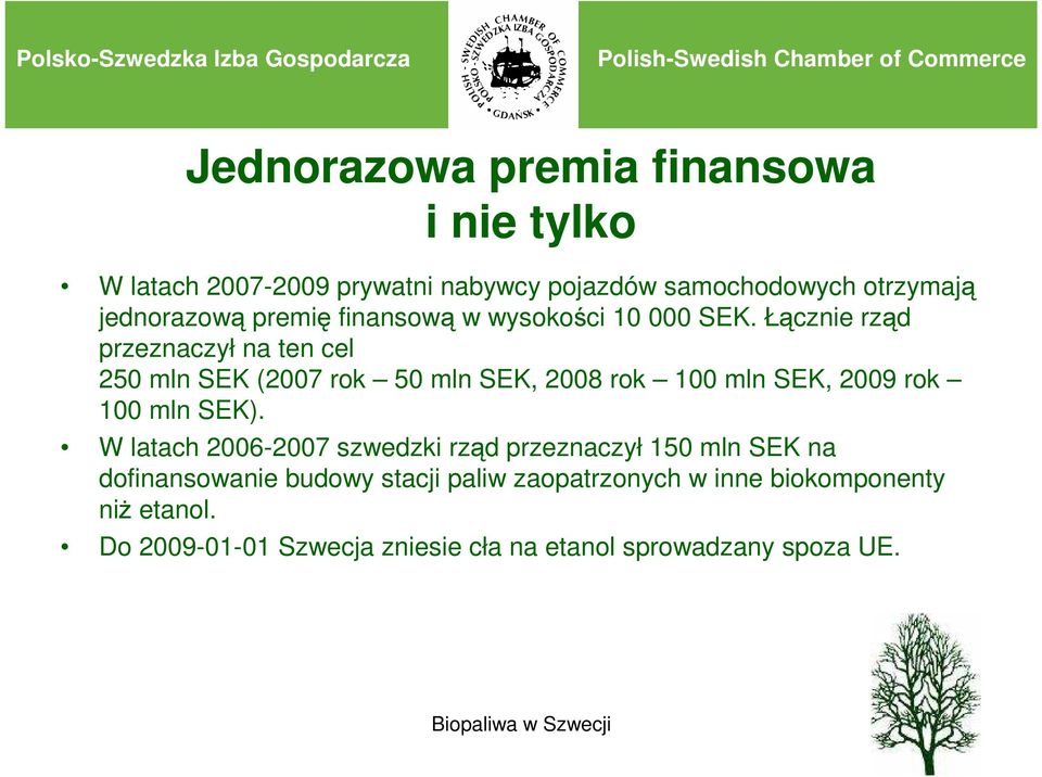 Łącznie rząd przeznaczył na ten cel 250 mln SEK (2007 rok 50 mln SEK, 2008 rok 100 mln SEK, 2009 rok 100 mln SEK).