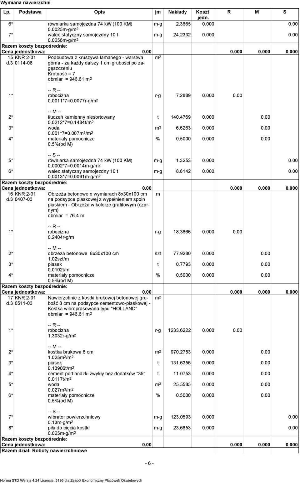 0212*7=0.1484t/ 3* woda 0.001*7=0.007 / 4* materiały pomocnicze m-g 1.3253 0.000 0.00 m-g 8.6142 0.000 0.00 5* równiarka samojezdna 74 kw (100 KM) 0.0002*7=0.