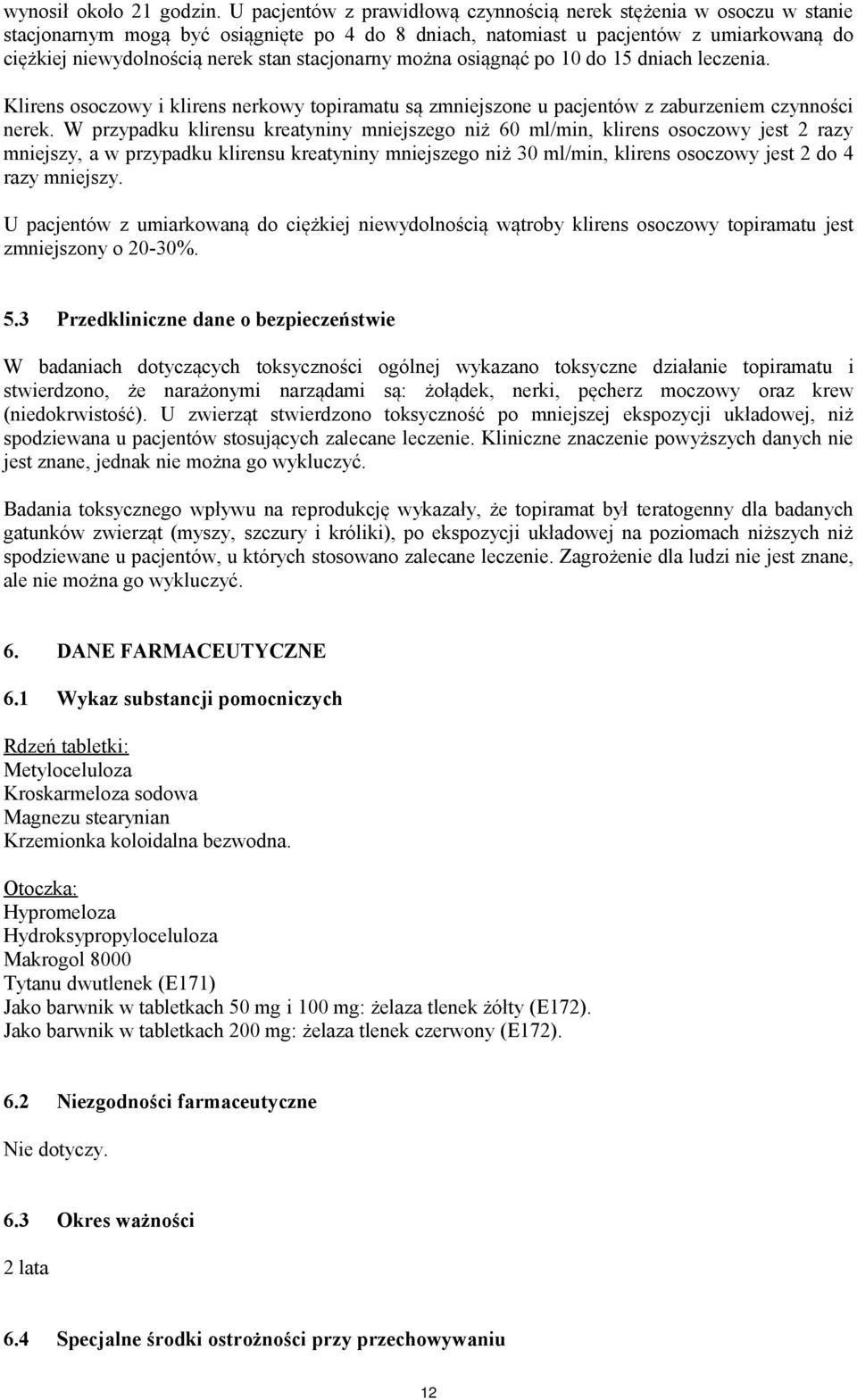 stacjonarny można osiągnąć po 10 do 15 dniach leczenia. Klirens osoczowy i klirens nerkowy topiramatu są zmniejszone u pacjentów z zaburzeniem czynności nerek.