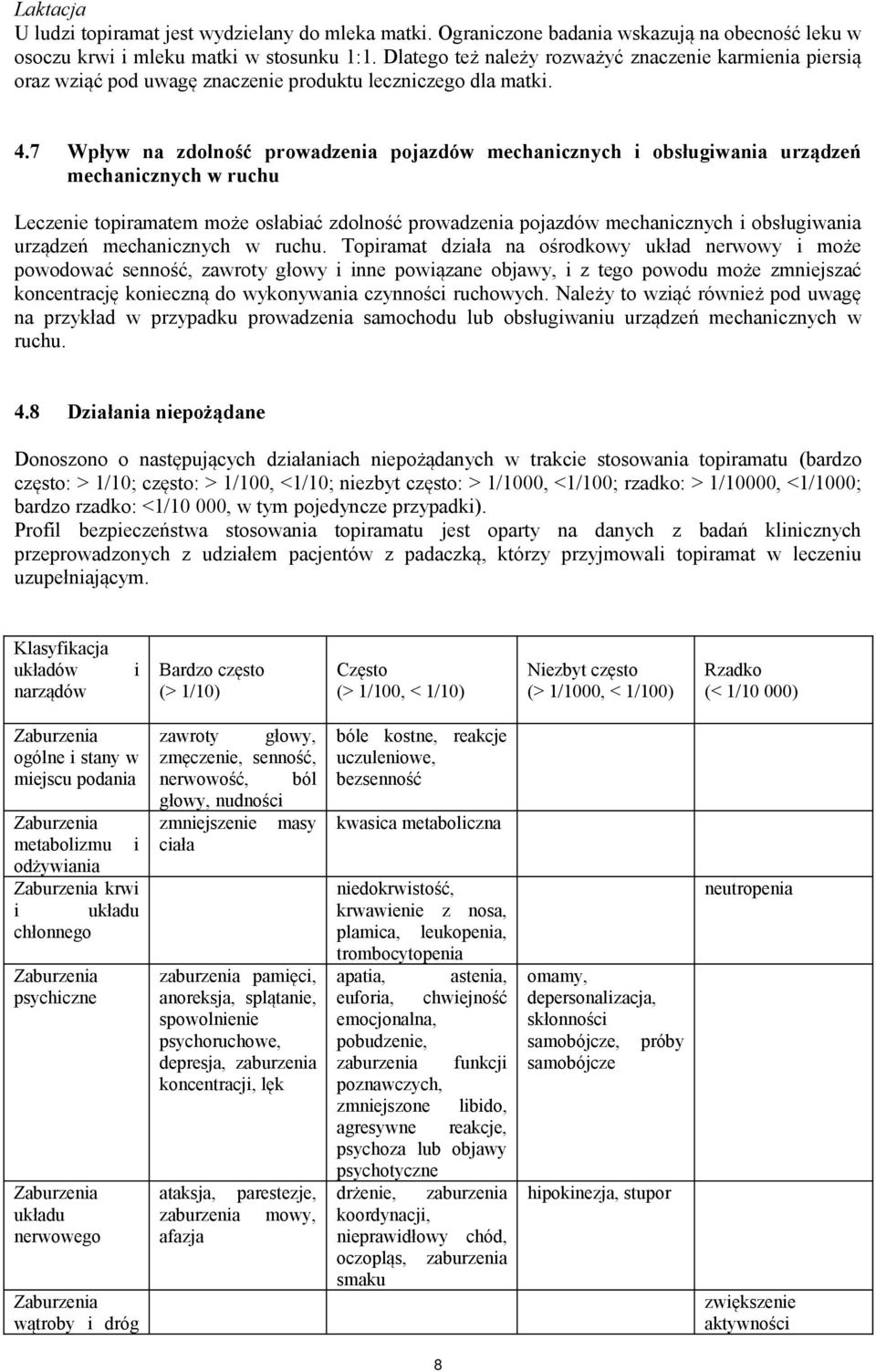 7 Wpływ na zdolność prowadzenia pojazdów mechanicznych i obsługiwania urządzeń mechanicznych w ruchu Leczenie topiramatem może osłabiać zdolność prowadzenia pojazdów mechanicznych i obsługiwania