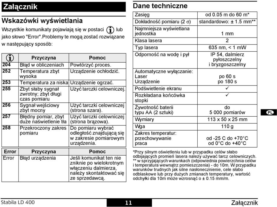 wysoka 253 Temperatura za niska Urządzenie ogrzać. 255 Zbyt słaby sygnał Użyć tarczki celowniczej.