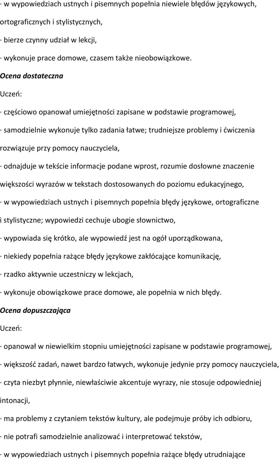 odnajduje w tekście informacje podane wprost, rozumie dosłowne znaczenie większości wyrazów w tekstach dostosowanych do poziomu edukacyjnego, w wypowiedziach ustnych i pisemnych popełnia błędy