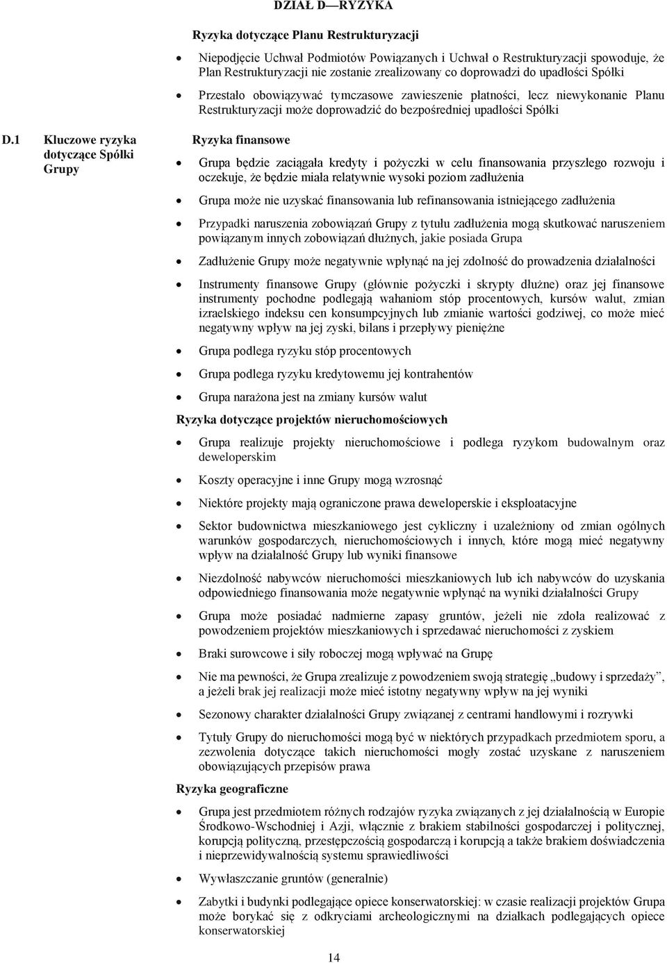 1 Kluczowe ryzyka dotyczące Spółki Grupy Ryzyka finansowe Grupa będzie zaciągała kredyty i pożyczki w celu finansowania przyszłego rozwoju i oczekuje, że będzie miała relatywnie wysoki poziom