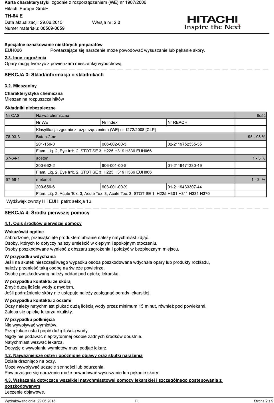 Mieszaniny Charakterystyka chemiczna Mieszanina rozpuszczalników Składniki niebezpieczne Nr CAS Nazwa chemiczna Nr WE Nr Index Nr REACH Klasyfikacja zgodnie z rozporządzeniem (WE) nr 1272/2008 [CLP]