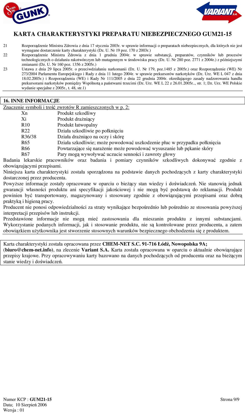 w sprawie substancji, preparatów, czynników lub procesów technologicznych o działaniu rakotwórczym lub mutagennym w środowisku pracy (Dz. U. Nr 280 poz. 2771 z 2004r.) z późniejszymi zmianami (Dz. U. Nr 160 poz.