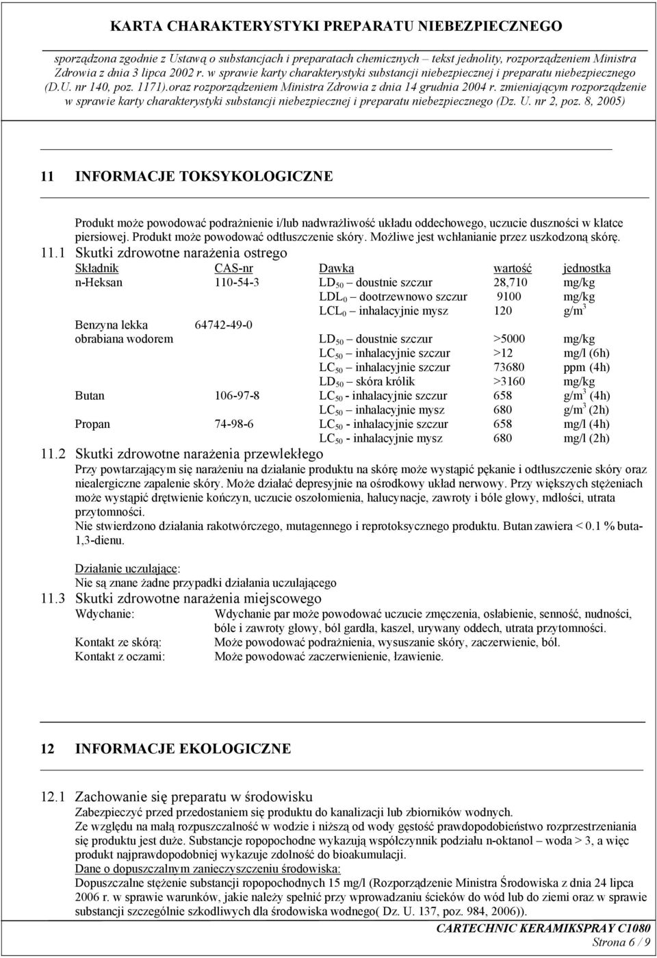 1 Skutki zdrowotne narażenia ostrego Składnik CAS-nr Dawka wartość jednostka n-heksan 110-54-3 LD 50 doustnie szczur 28,710 mg/kg LDL 0 dootrzewnowo szczur 9100 mg/kg LCL 0 inhalacyjnie mysz 120 g/m