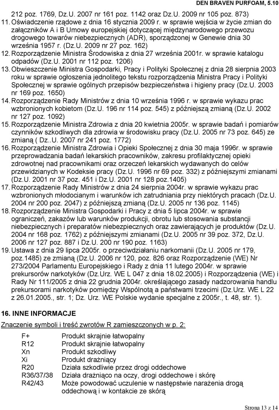 (Dz.U. 2009 nr 27 poz. 162) 12. Rozporządzenie Ministra Środowiska z dnia 27 września 2001r. w sprawie katalogu odpadów (Dz.U. 2001 nr 112 poz. 1206) 13.