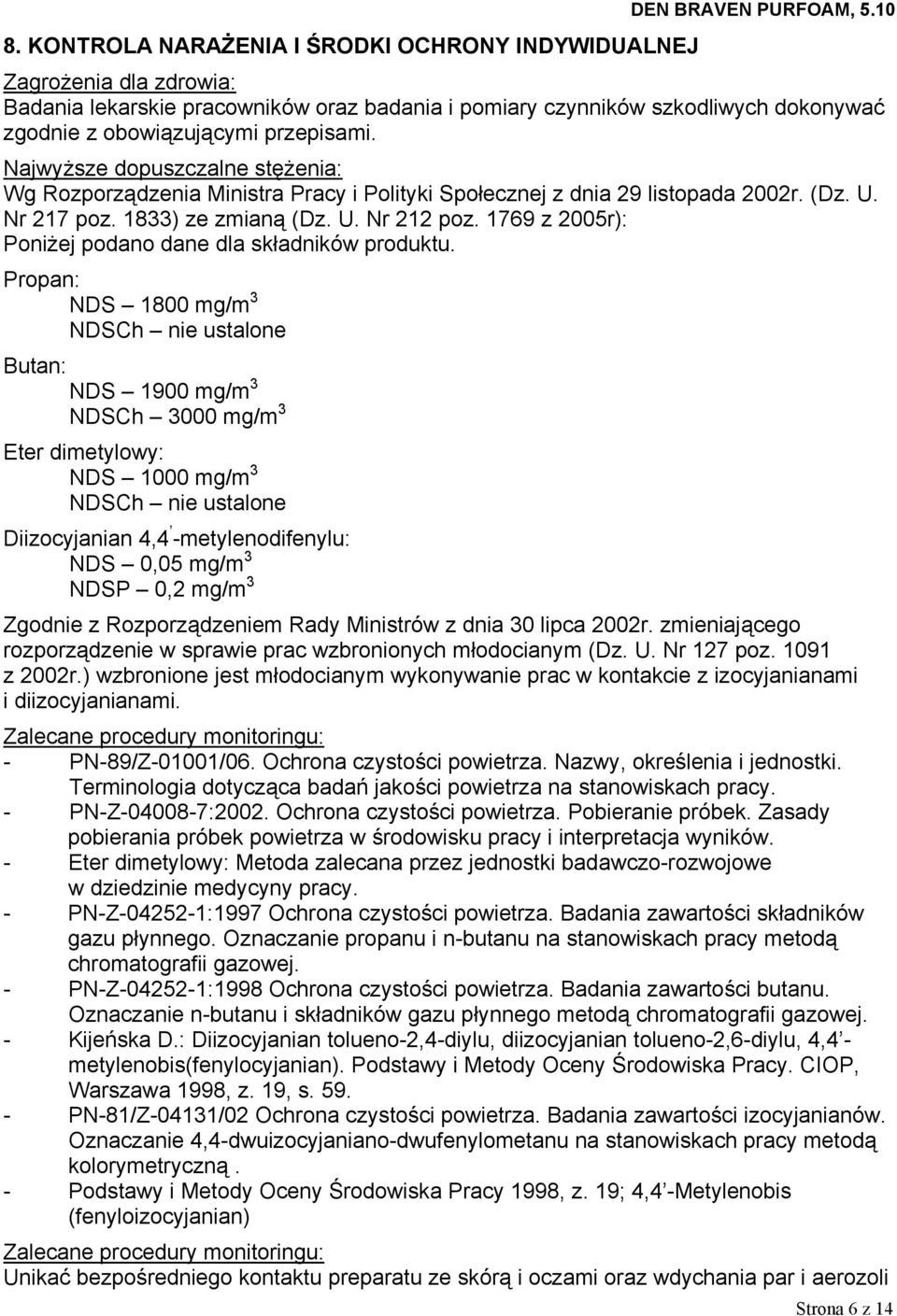 Najwyższe dopuszczalne stężenia: Wg Rozporządzenia Ministra Pracy i Polityki Społecznej z dnia 29 listopada 2002r. (Dz. U. Nr 217 poz. 1833) ze zmianą (Dz. U. Nr 212 poz.