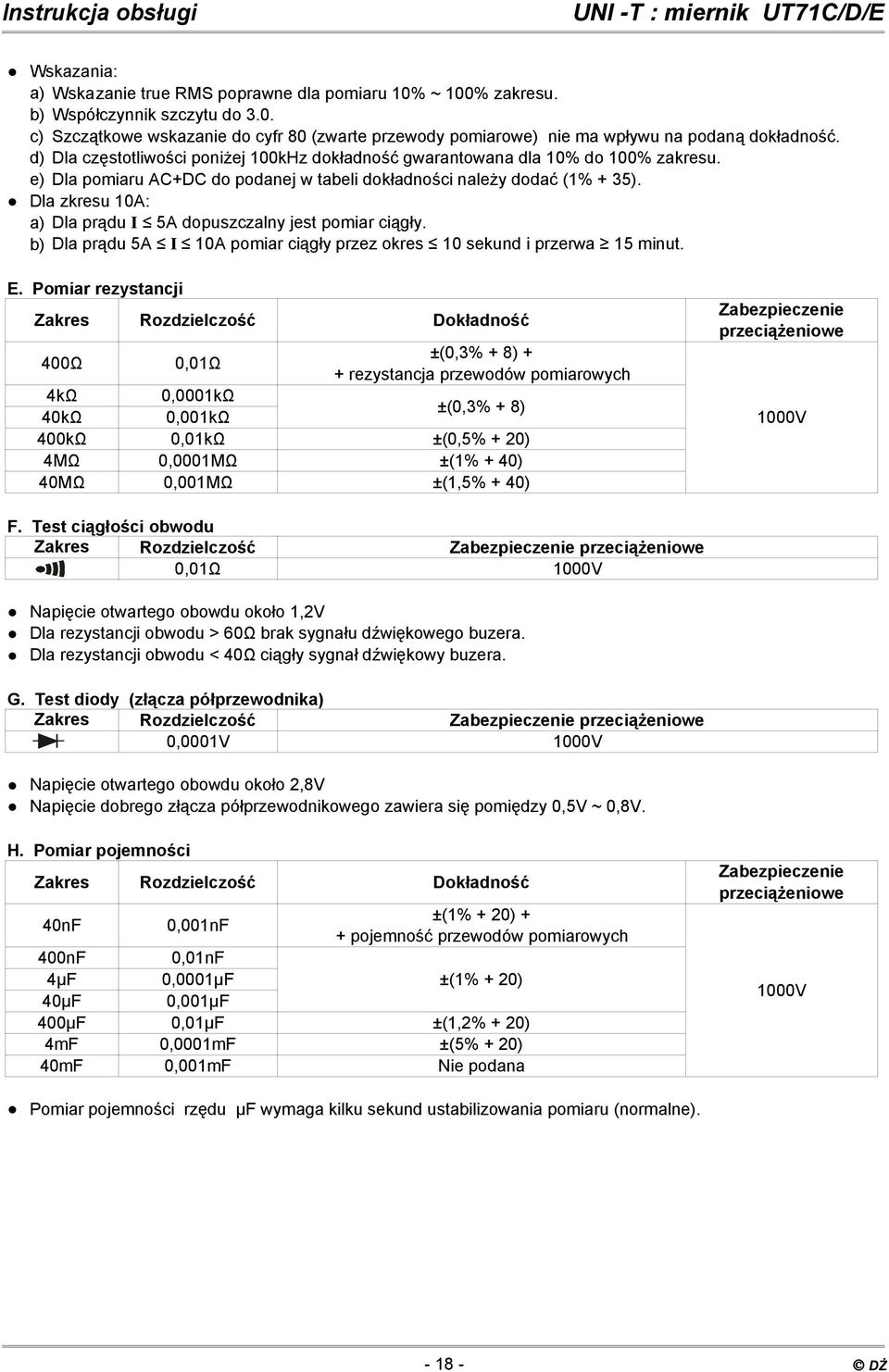 Dla zkresu 10A: a) Dla prądu I 5A dopuszczalny jest pomiar ciągły. b) Dla prądu 5A I 10A pomiar ciągły przez okres 10 sekund i przerwa 15 minut. E.