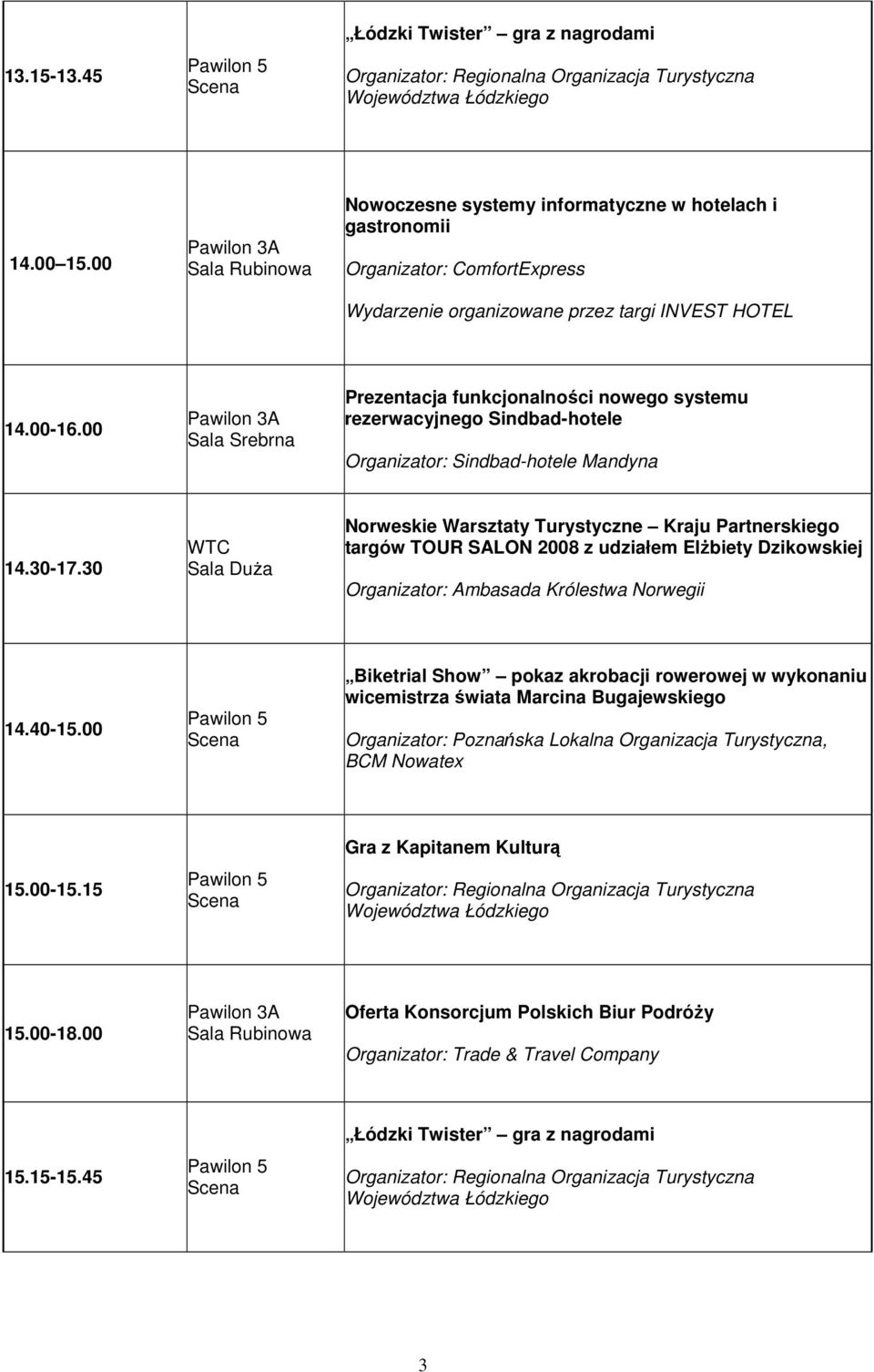 30 WTC Sala DuŜa Norweskie Warsztaty Turystyczne Kraju Partnerskiego targów TOUR SALON 2008 z udziałem ElŜbiety Dzikowskiej Organizator: Ambasada Królestwa Norwegii 14.40-15.