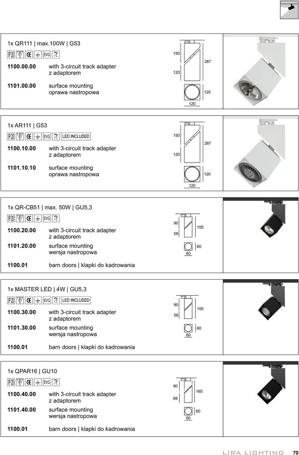 4. with 3-circuit track adapter 111.4. surface mounting 9 68 6 165 6 11.1 barn doors klapki do kadrowania 7