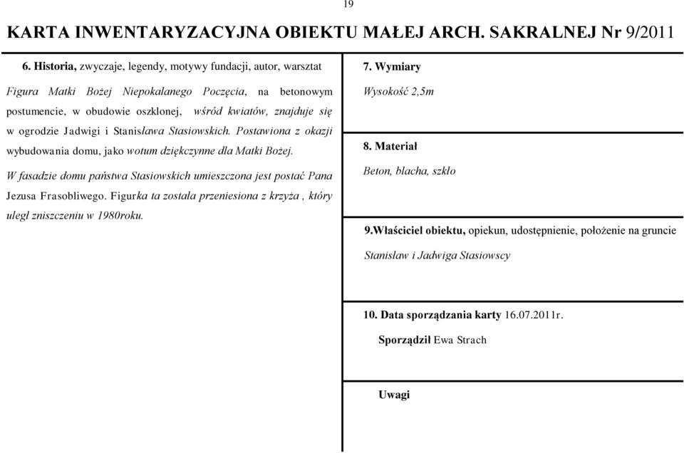 ogrodzie Jadwigi i Stanisława Stasiowskich. Postawiona z okazji wybudowania domu, jako wotum dziękczynne dla Matki Bożej.