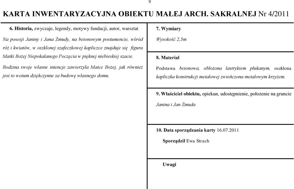 figura Matki Bożej Niepokalanego Poczęcia w pięknej niebieskiej szacie. Rodzina swoje własne intencje zawierzyła Matce Bożej, jak również jest to wotum dziękczynne za budowę własnego domu.