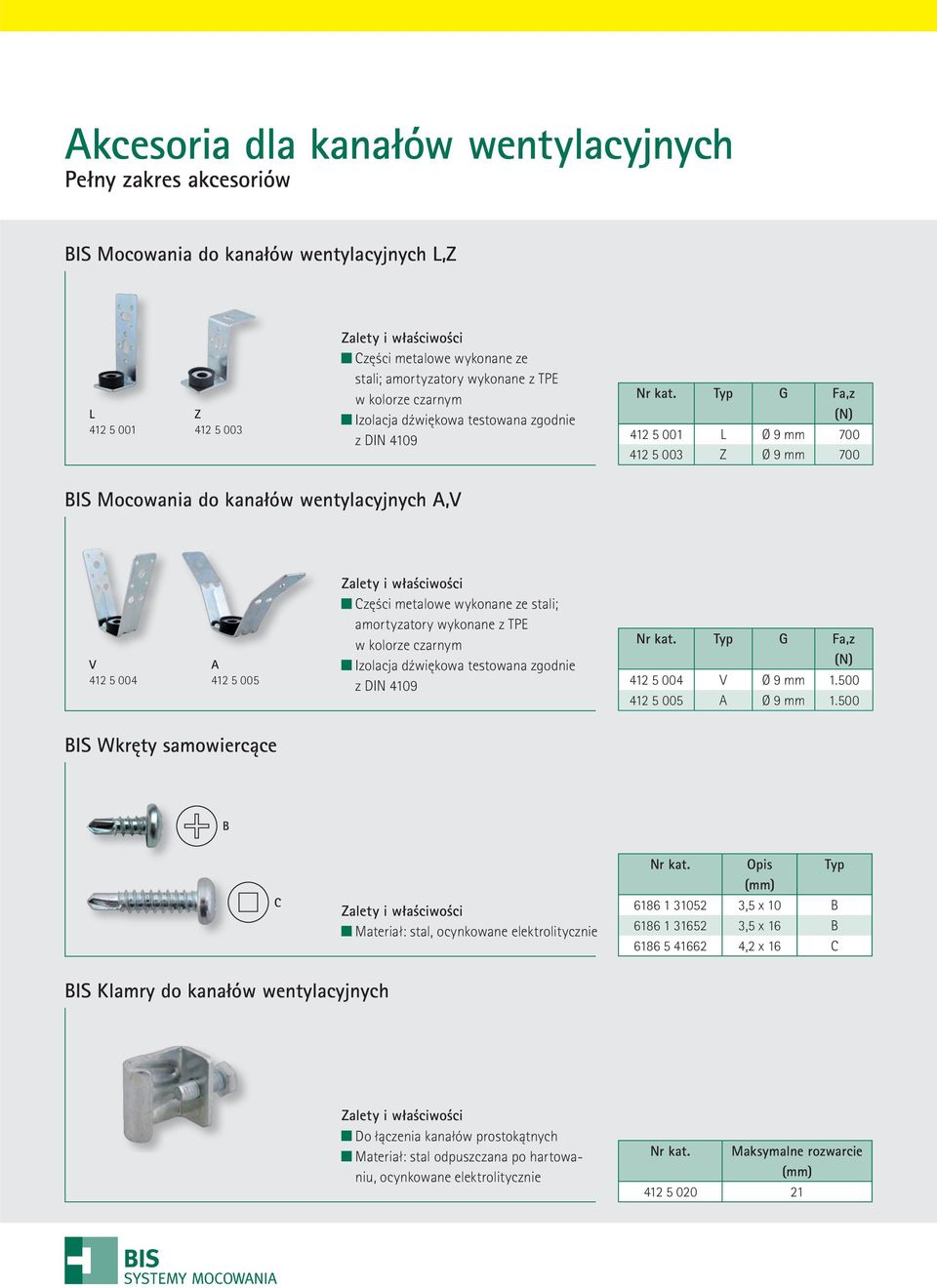 wykonane ze stali; amortyzatory wykonane z TPE w kolorze czarnym Izolacja dźwiękowa testowana zgodnie z DIN 4109 Typ G Fa,z 412 5 004 V Ø 9 mm 1.500 412 5 005 A Ø 9 mm 1.