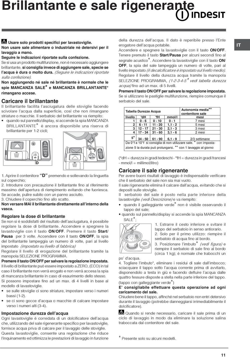 Se si usa un prodotto multifunzione, non è necessario aggiungere brillantante, si consiglia invece di aggiungere sale, specie se l acqua è dura o molto dura.