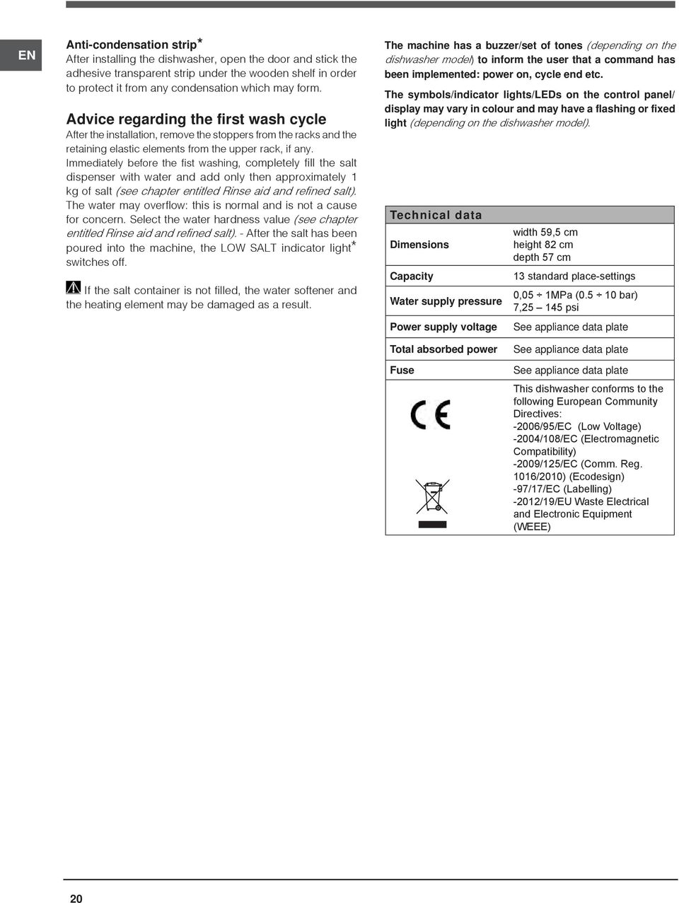 Immediately before the fist washing, completely fill the salt dispenser with water and add only then approximately 1 kg of salt (see chapter entitled Rinse aid and refined salt).