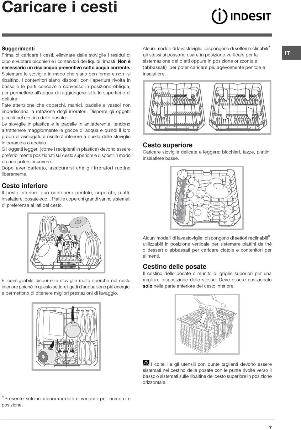 Sistemare le stoviglie in modo che siano ben ferme e non si ribaltino, i contenitori siano disposti con l apertura rivolta in basso e le parti concave o convesse in posizione obliqua, per permettere