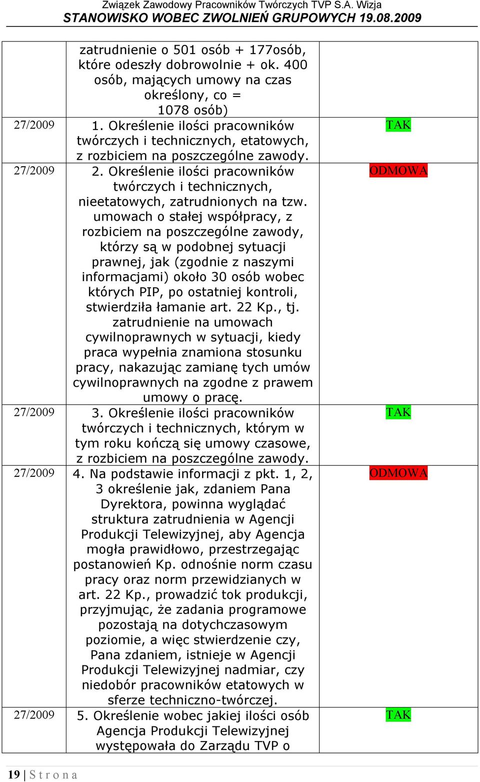 Określenie ilości pracowników twórczych i technicznych, nieetatowych, zatrudnionych na tzw.