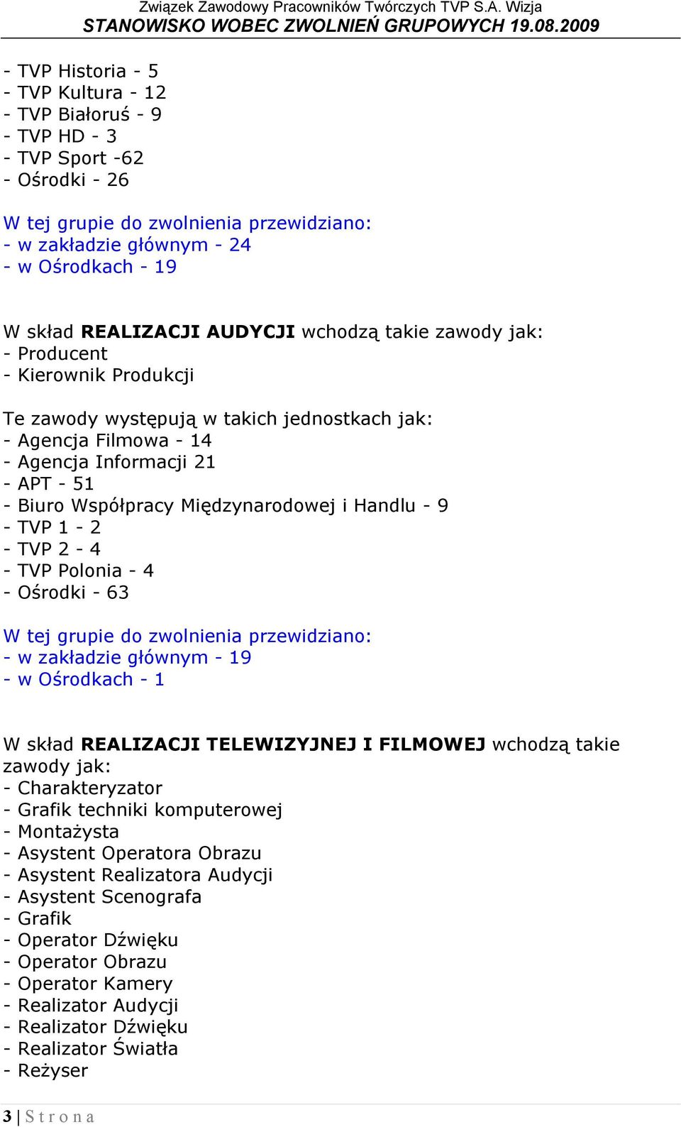 Współpracy Międzynarodowej i Handlu - 9 - TVP 1-2 - TVP 2-4 - TVP Polonia - 4 - Ośrodki - 63 W tej grupie do zwolnienia przewidziano: - w zakładzie głównym - 19 - w Ośrodkach - 1 W skład REALIZACJI