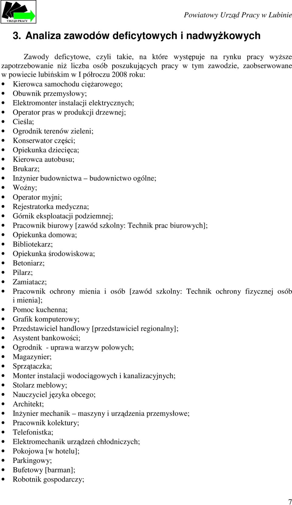 Ogrodnik terenów zieleni; Konserwator części; Opiekunka dziecięca; Kierowca autobusu; Brukarz; InŜynier budownictwa budownictwo ogólne; Woźny; Operator myjni; Rejestratorka medyczna; Górnik