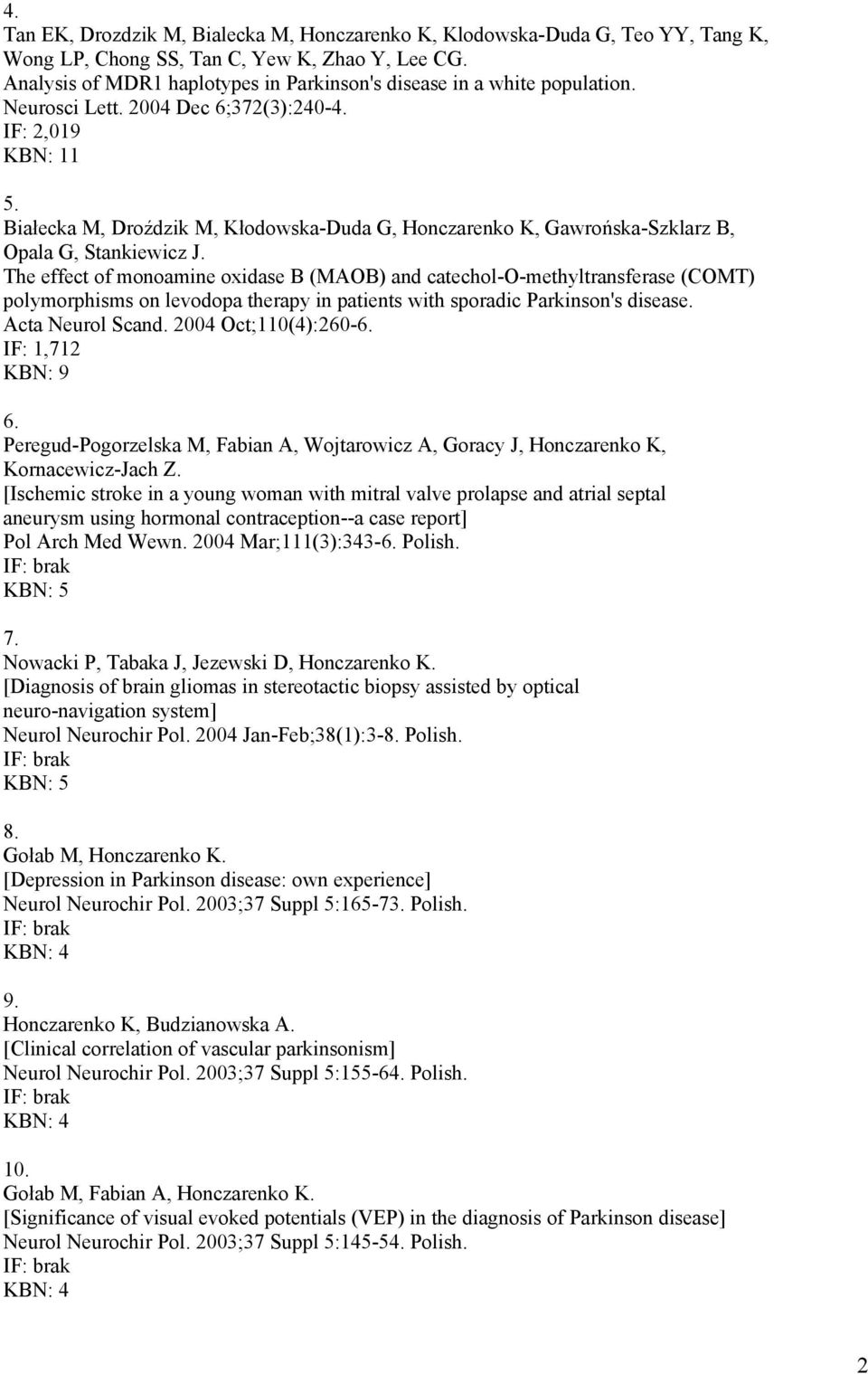 Białecka M, Droździk M, Kłodowska-Duda G, Honczarenko K, Gawrońska-Szklarz B, Opala G, Stankiewicz J.