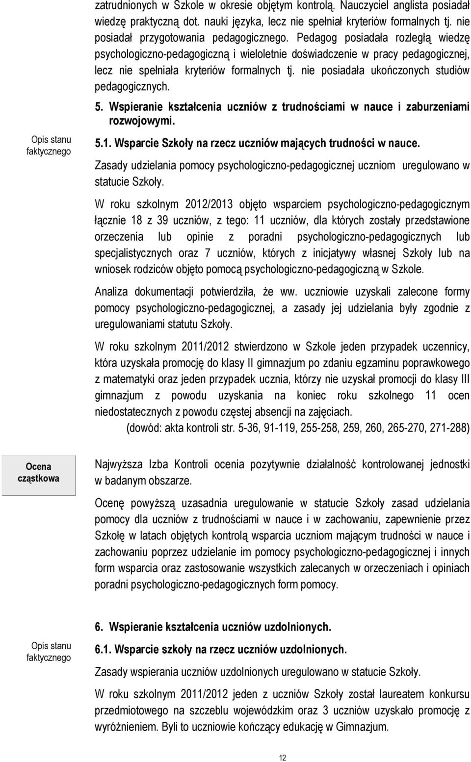 nie posiadała ukończonych studiów pedagogicznych. 5. Wspieranie kształcenia uczniów z trudnościami w nauce i zaburzeniami rozwojowymi. 5.1. Wsparcie Szkoły na rzecz uczniów mających trudności w nauce.