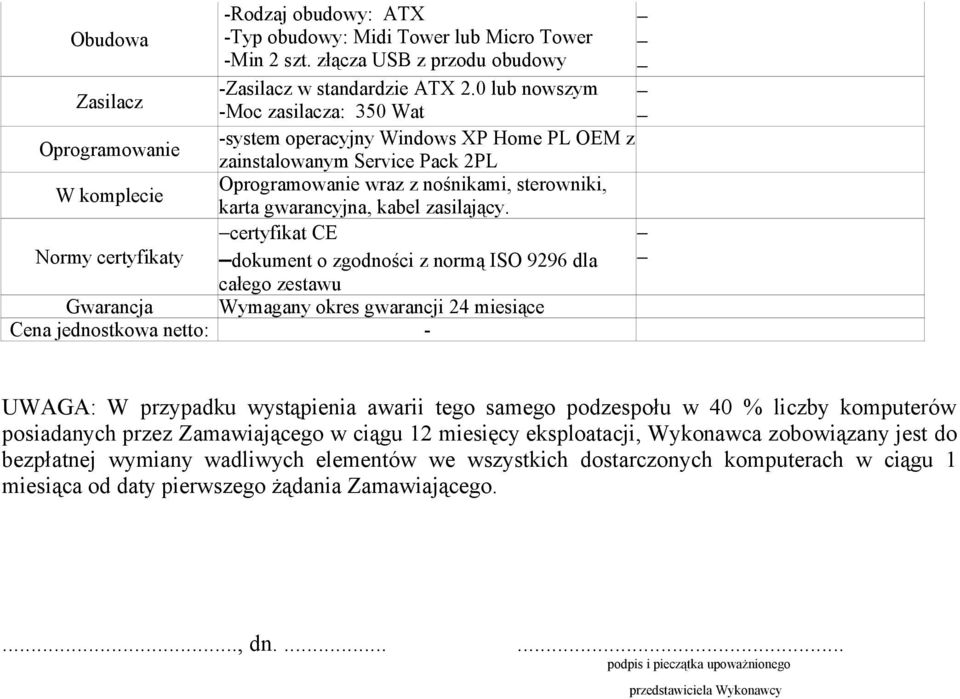 certyfikat CE dokument o zgodności z normą ISO 9296 dla całego zestawu Gwarancja Wymagany okres gwarancji 24 miesiące Cena jednostkowa netto: - UWAGA: W przypadku wystąpienia awarii tego samego