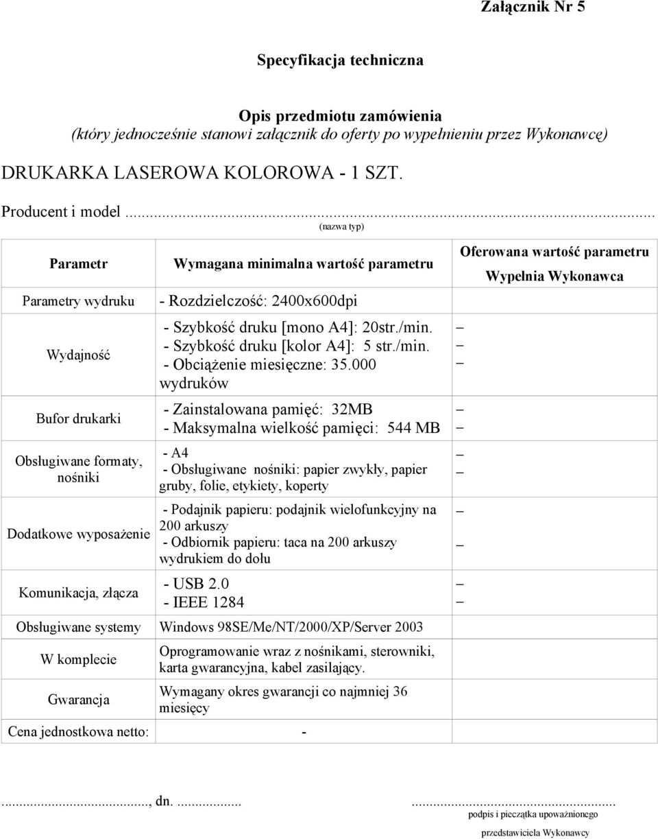 - Szybkość druku [kolor A4]: 5 str./min. - Obciążenie miesięczne: 35.