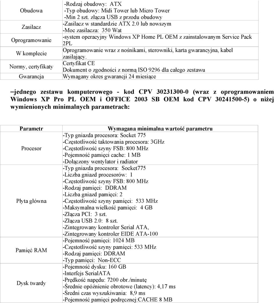 0 lub nowszym -Moc zasilacza: 350 Wat -system operacyjny Windows XP Home PL OEM z zainstalowanym Service Pack 2PL Oprogramowanie wraz z nośnikami, sterowniki, karta gwarancyjna, kabel zasilający.