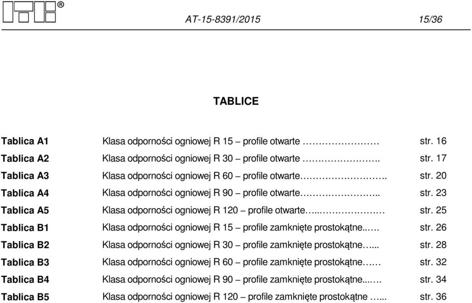 .. str. 26 Tablica B2 Klasa odporności ogniowej R 30 profile zamknięte prostokątne... str. 28 Tablica B3 Klasa odporności ogniowej R 60 profile zamknięte prostokątne str.