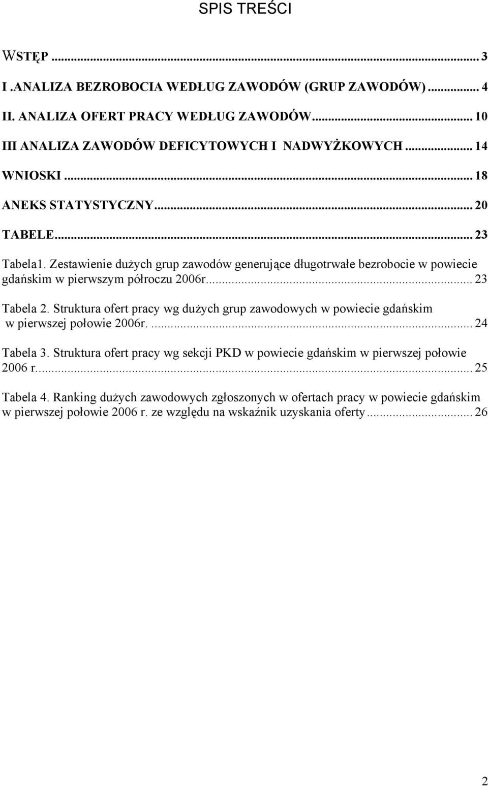 Zestawienie dużych grup zawodów generujące długotrwałe bezrobocie w powiecie gdańsim w pierwszym półroczu 2006r... 23 Tabela 2.