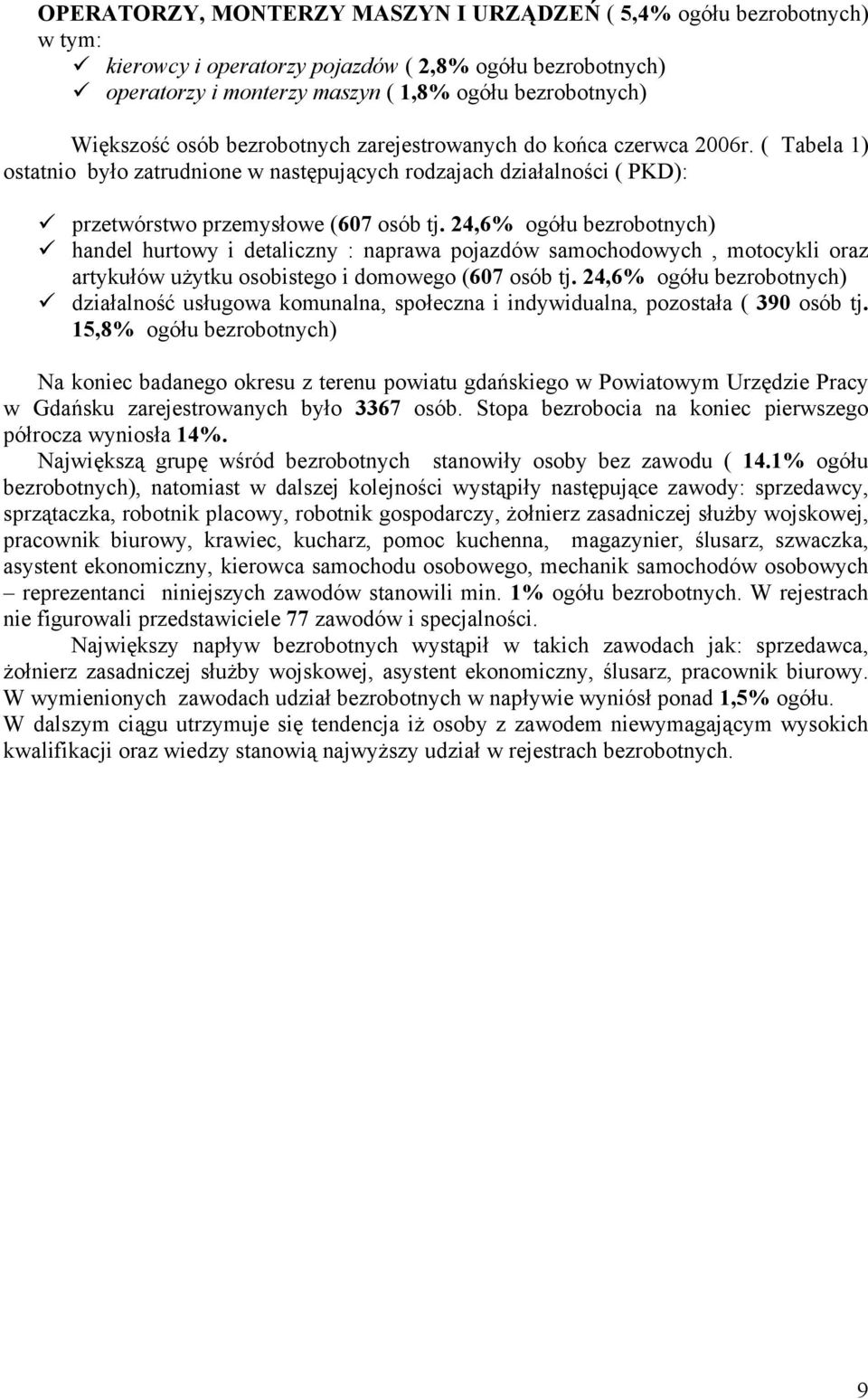 24,6% ogółu bezrobotnych) handel hurtowy i detaliczny : naprawa pojazdów samochodowych, motocyli oraz artyułów użytu osobistego i domowego (607 osób tj.