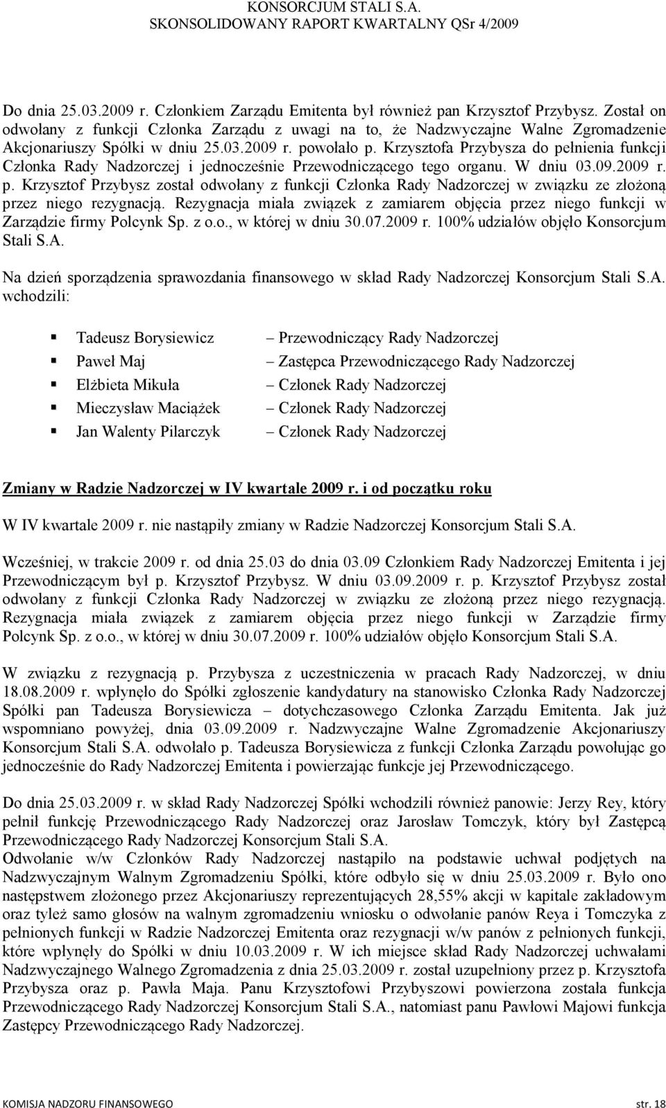 Krzysztofa Przybysza do pełnienia funkcji Członka Rady Nadzorczej i jednocześnie Przewodniczącego tego organu. W dniu 03.09. p. Krzysztof Przybysz został odwołany z funkcji Członka Rady Nadzorczej w związku ze złożoną przez niego rezygnacją.