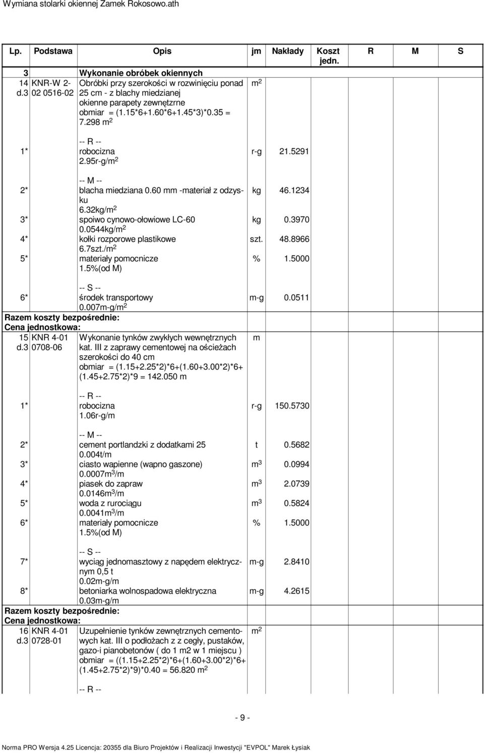 / 5* materiały pomocnicze 1.5%(od M) 6* rodek transportowy m-g 0.0511 0.007m-g/ 15 KNR 4-01 Wykonanie tynków zwykłych wewn trznych m d.3 0708-06 kat.