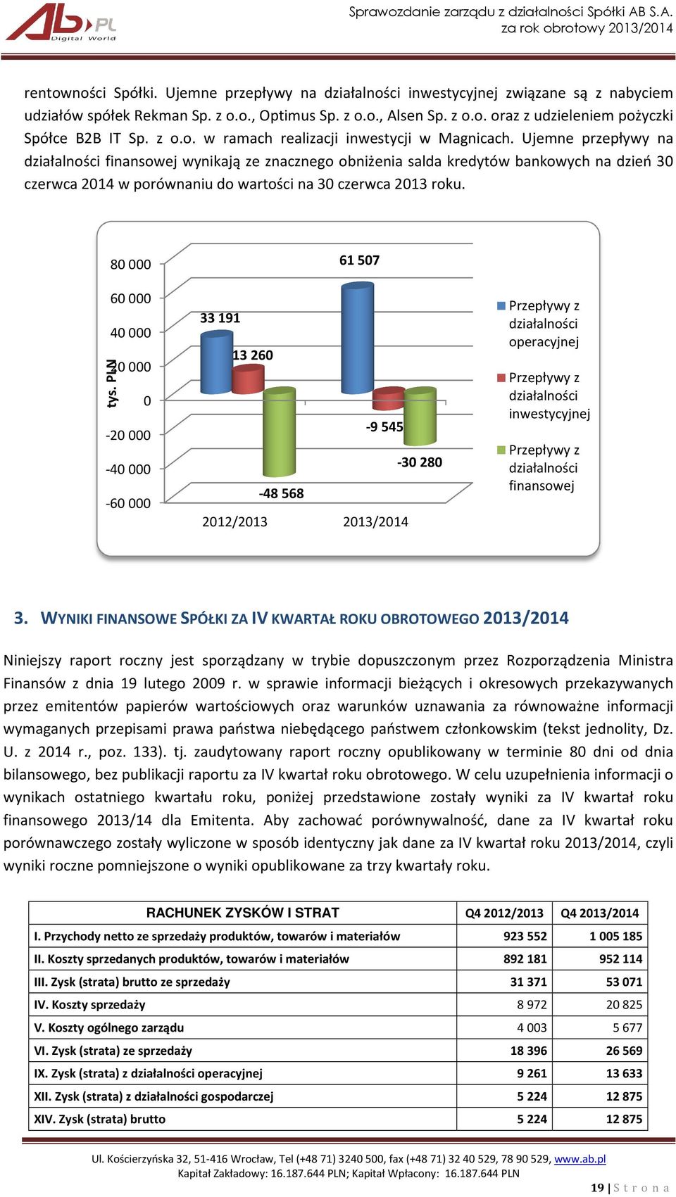 Ujemne przepływy na działalności finansowej wynikają ze znacznego obniżenia salda kredytów bankowych na dzień 30 czerwca 2014 w porównaniu do wartości na 30 czerwca 2013 roku. 80000 60000 40000 tys.