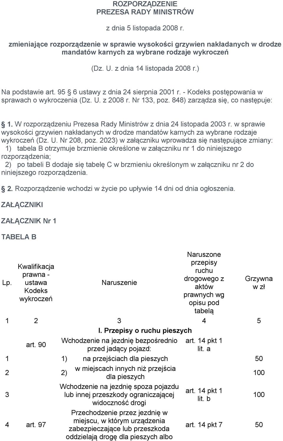 W rozporządzeniu Prezesa Rady Ministrów z dnia 24 listopada 3 r. w sprawie wysokości grzywien nakładanych w drodze mandatów karnych za wybrane rodzaje wykroczeń (Dz. U. Nr 208, poz.