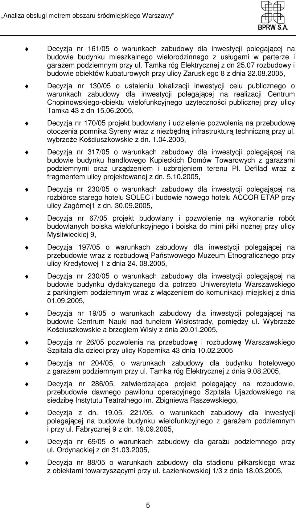 2005, Decyzja nr 130/05 o ustaleniu lokalizacji inwestycji celu publicznego o warunkach zabudowy dla inwestycji polegającej na realizacji Centrum Chopinowskiego-obiektu wielofunkcyjnego uŝyteczności