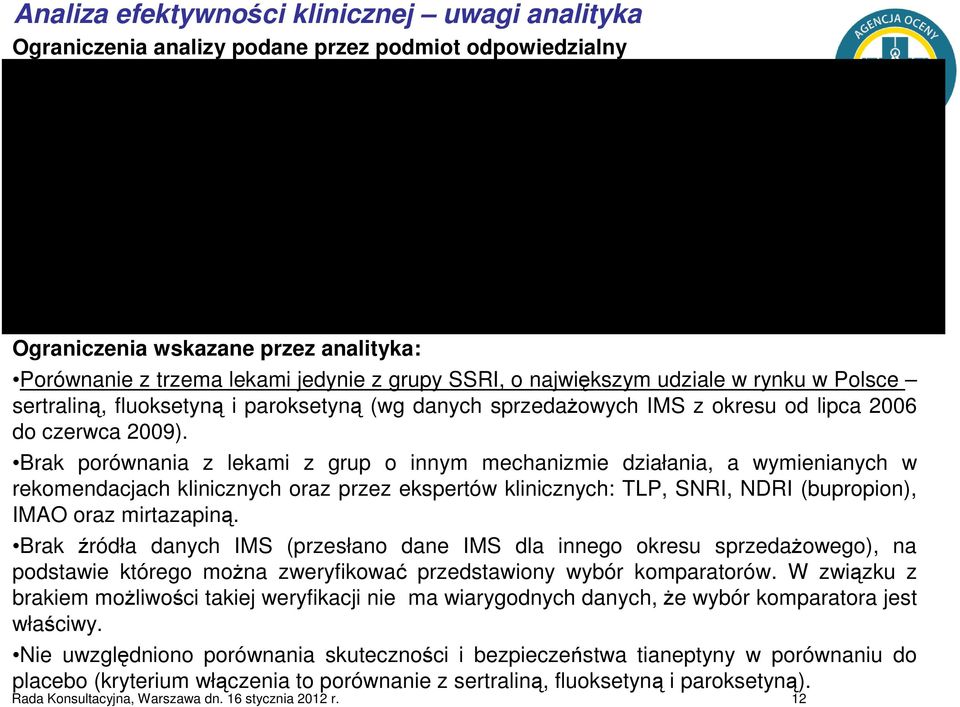 Brak porównania z lekami z grup o innym mechanizmie działania, a wymienianych w rekomendacjach klinicznych oraz przez ekspertów klinicznych: TLP, SNRI, NDRI (bupropion), IMAO oraz mirtazapiną.