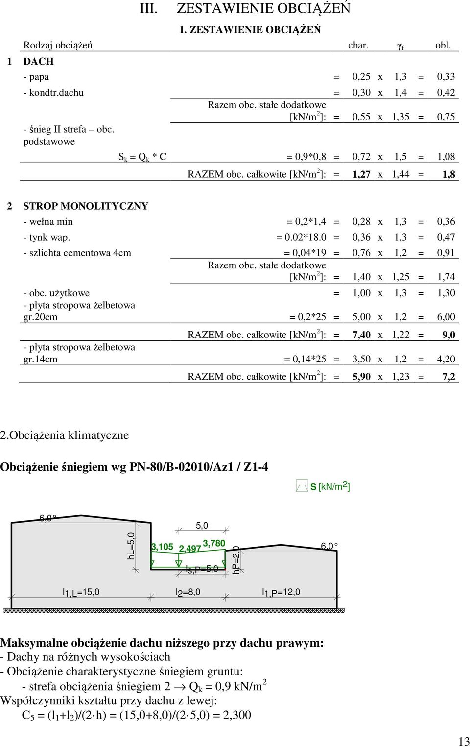 całkowite [kn/m 2 ]: = 1,27 x 1,44 = 1,8 2 STROP MONOLITYCZNY - wełna min = 0,2*1,4 = 0,28 x 1,3 = 0,36 - tynk wap. = 0.02*18.