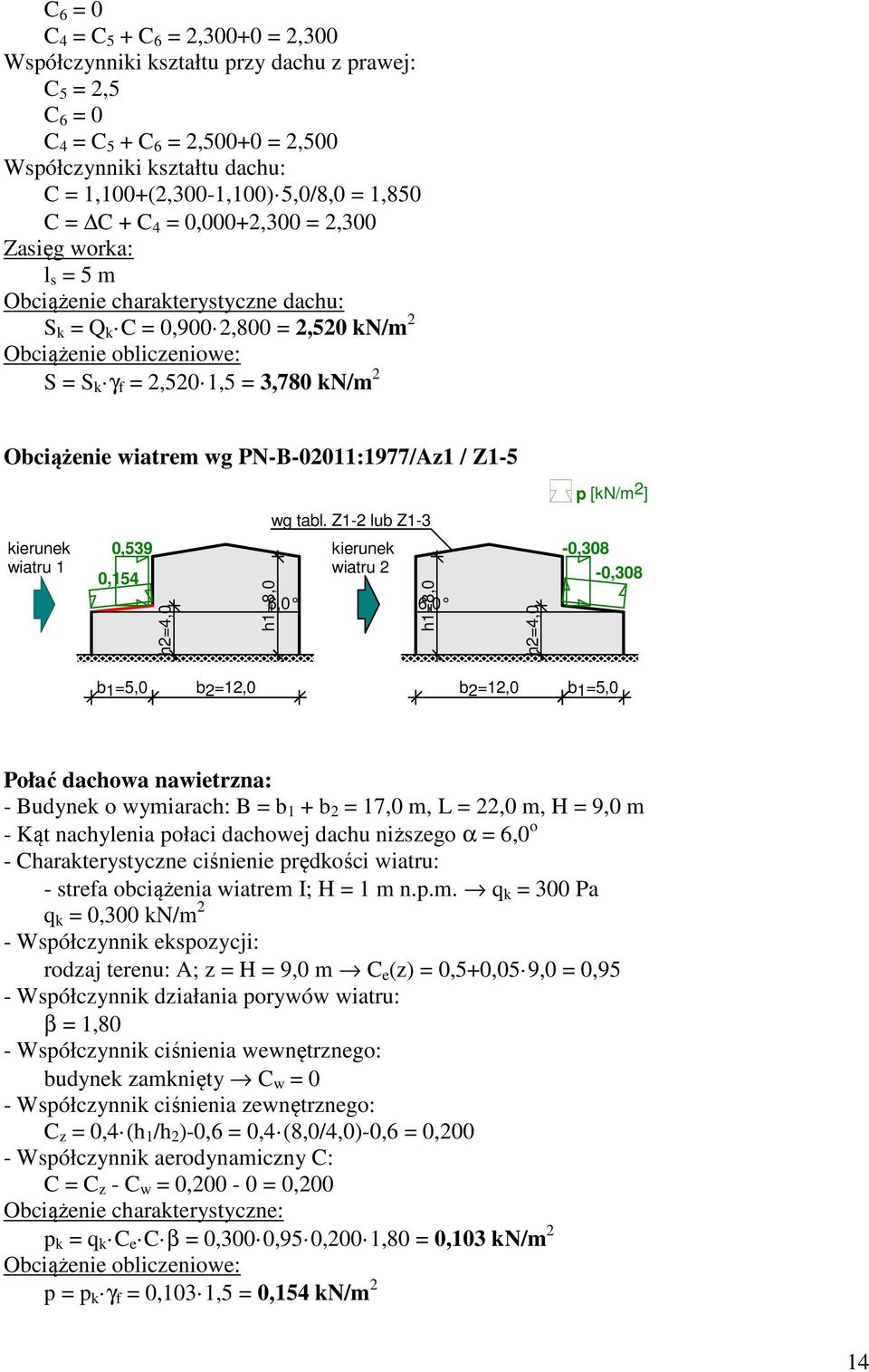 kn/m 2 Obciążenie wiatrem wg PN-B-02011:1977/Az1 / Z1-5 kierunek wiatru 1 0,539 0,154 h2=4,0 h1=8,0 wg tabl.