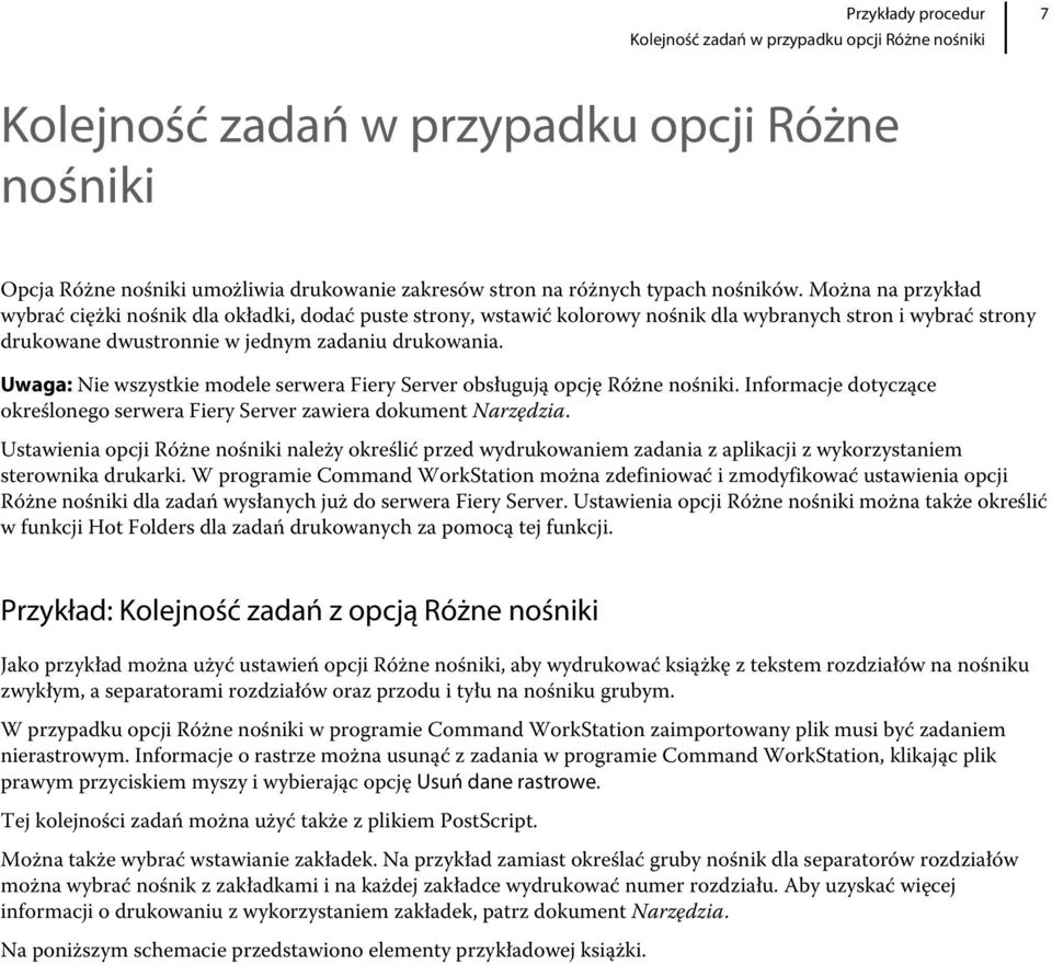 Uwaga: Nie wszystkie modele serwera Fiery Server obsługują opcję Różne nośniki. Informacje dotyczące określonego serwera Fiery Server zawiera dokument Narzędzia.