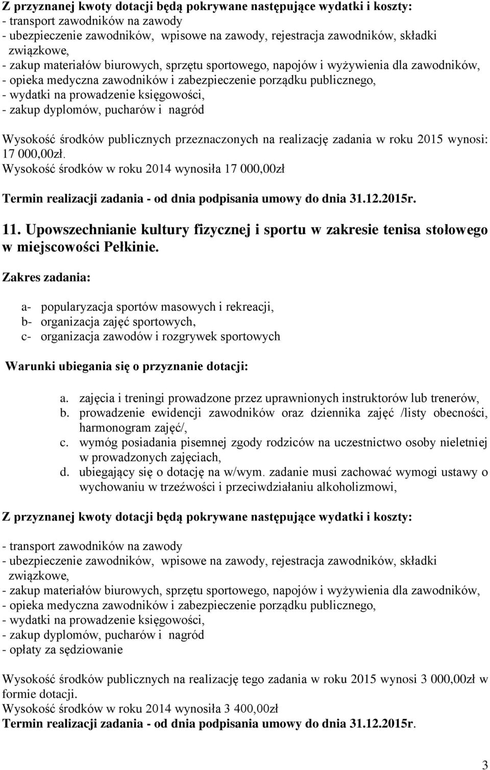 wynosi: 17 000,00zł. Wysokość środków w roku 2014 wynosiła 17 000,00zł Termin realizacji zadania - od dnia podpisania umowy do dnia 31.12.2015r. 11.