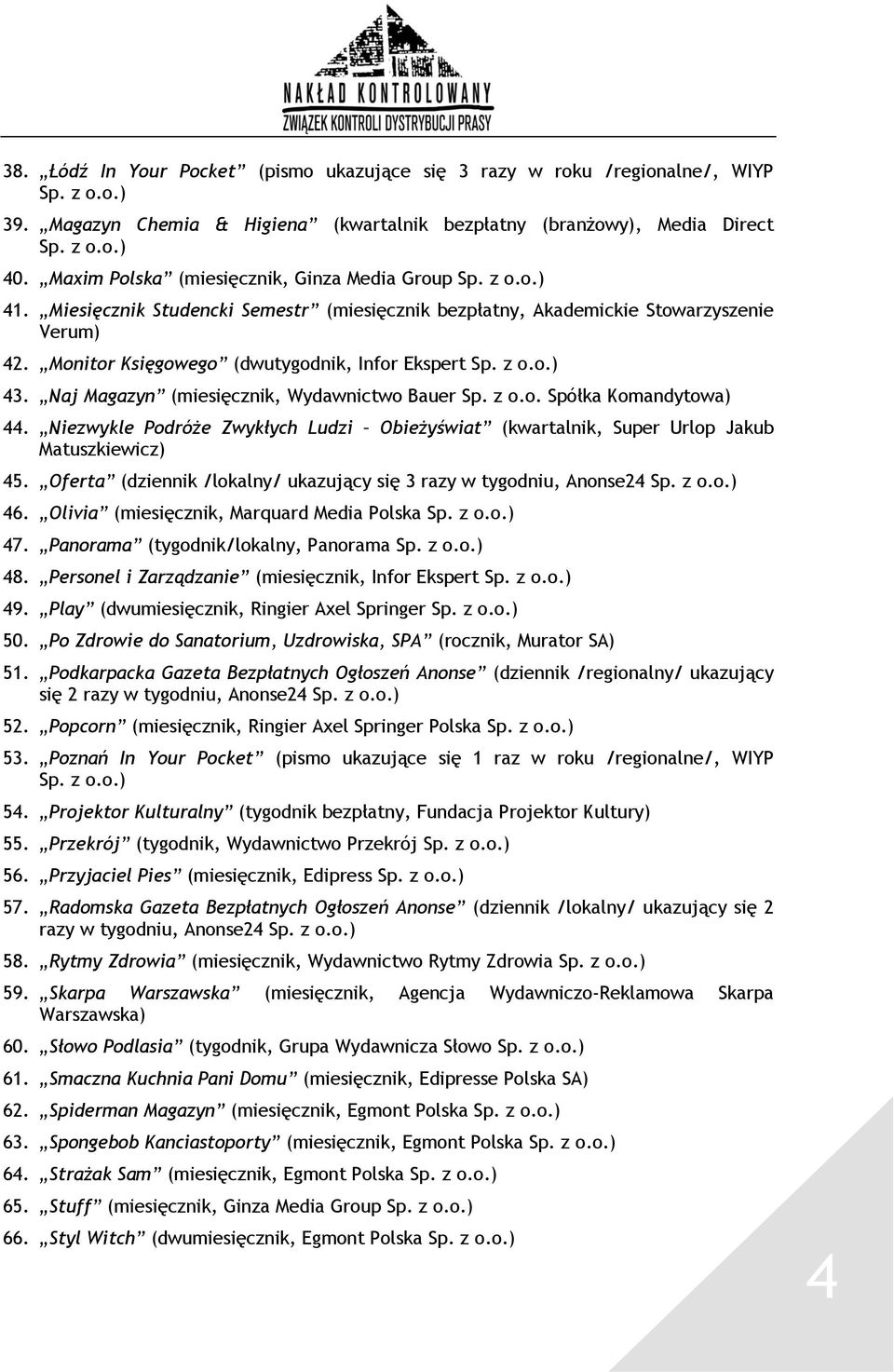 Naj Magazyn (miesięcznik, Wydawnictwo Bauer Sp. z o.o. Spółka Komandytowa) 44. Niezwykle Podróże Zwykłych Ludzi Obieżyświat (kwartalnik, Super Urlop Jakub Matuszkiewicz) 45.