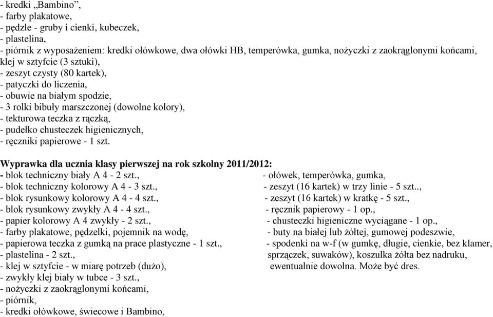 chusteczek higienicznych, - ręczniki papierowe - szt. Wyprawka dla ucznia klasy pierwszej na rok szkolny 20/202: - blok techniczny biały A 4-2 szt.